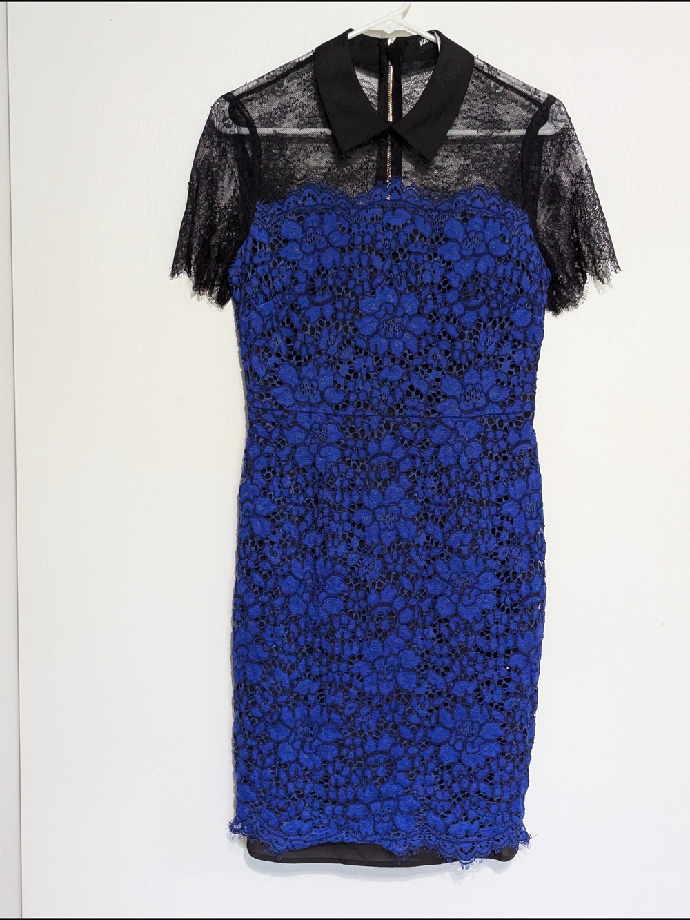 Karl Lagerfeld Cobalt Blue Lace Midi Dress with Black Lace Yoke and Collar